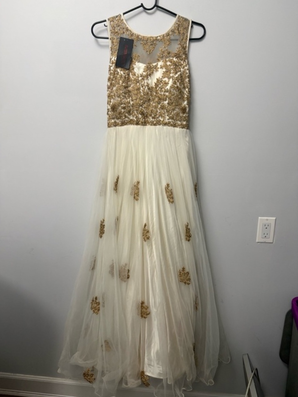 white and Gold Embellished Tulle Gown desi party dress
